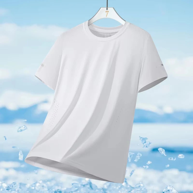 Running T-shirt Men Summer Ice Silk Thin Top Reflective Printing Quick Dry Short Sleeve Breathable Fitness Sports T-shirt 5XL