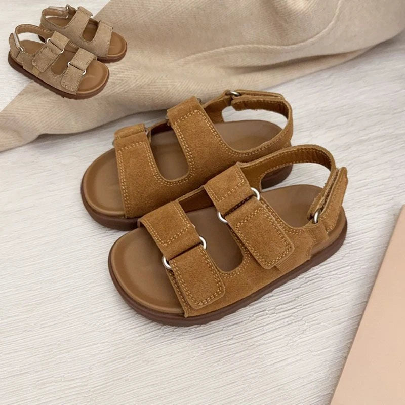 2026 Spring Summer New Fashion Boys Girls Sandal Simple Solid Color Children's Suede Outdoors Non-slip Open Toe Beach Sandals