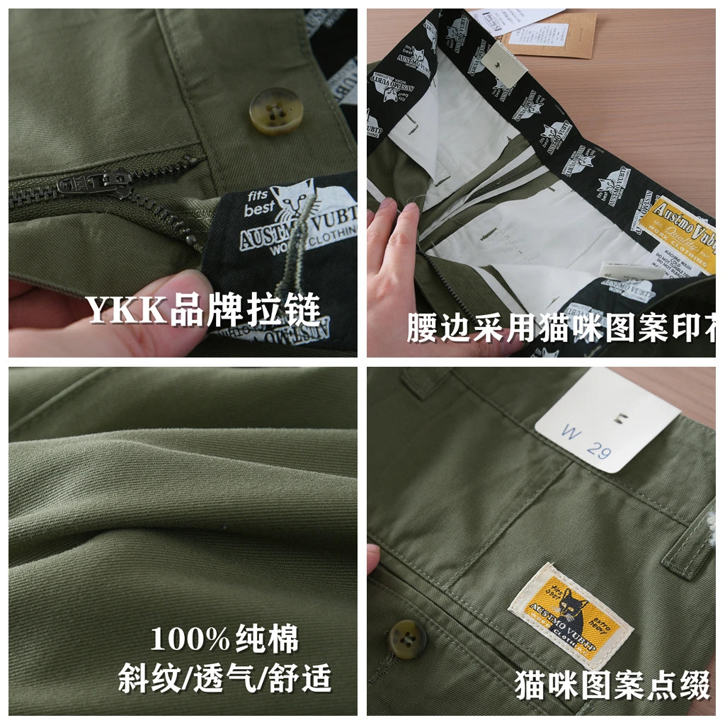 2025 Spring and Summer New Japanese Retro Thin Cargo Pants Men's Simple 100% Cotton Washed Commute Casual Straight Trousers