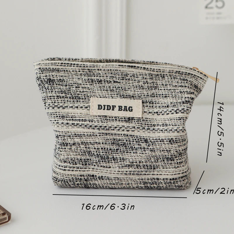 DJDF Black & White Line Women's Small Makeup Bag Canvas Zipper Portable Sanitary Napkin Storage Bag Simple Carry-On Coin Purse