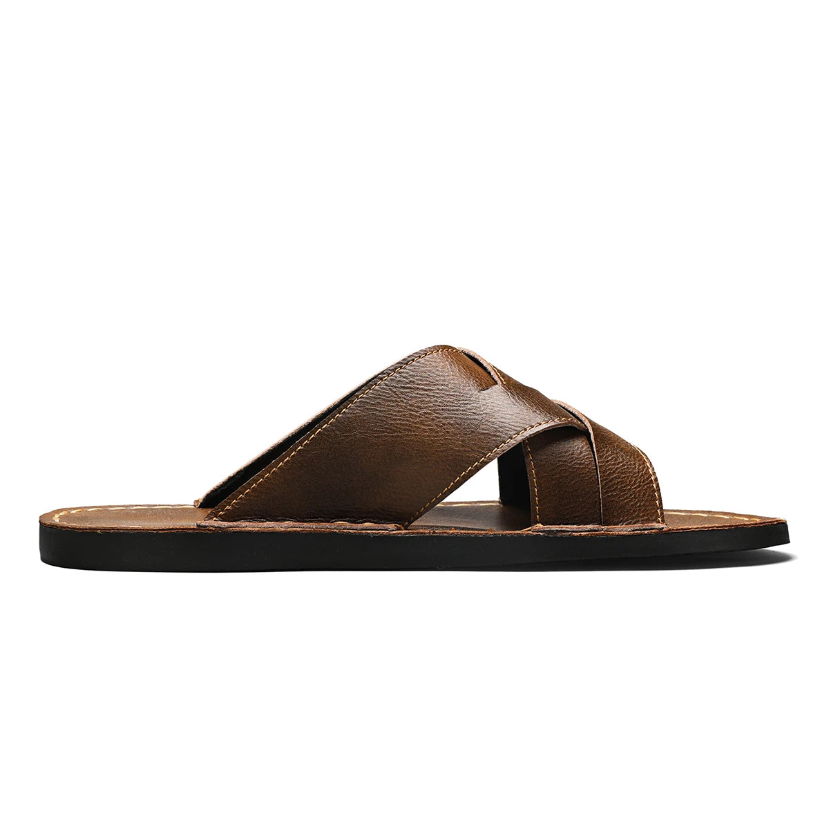 Summer Mens Flat Leather Slippers Slides Slip-on Sandals Thin Soles Retro Style Anti-skid Breathable Comfortable Big Size 48 49
