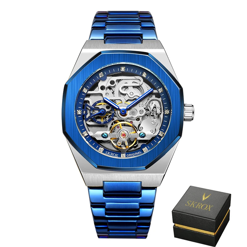 2024SKROX Luxury Gold Diamond Octagonal Automatic Clock Man Watch Elegant Stainless Steel Skeleton Mechanical Male Wrist Watches