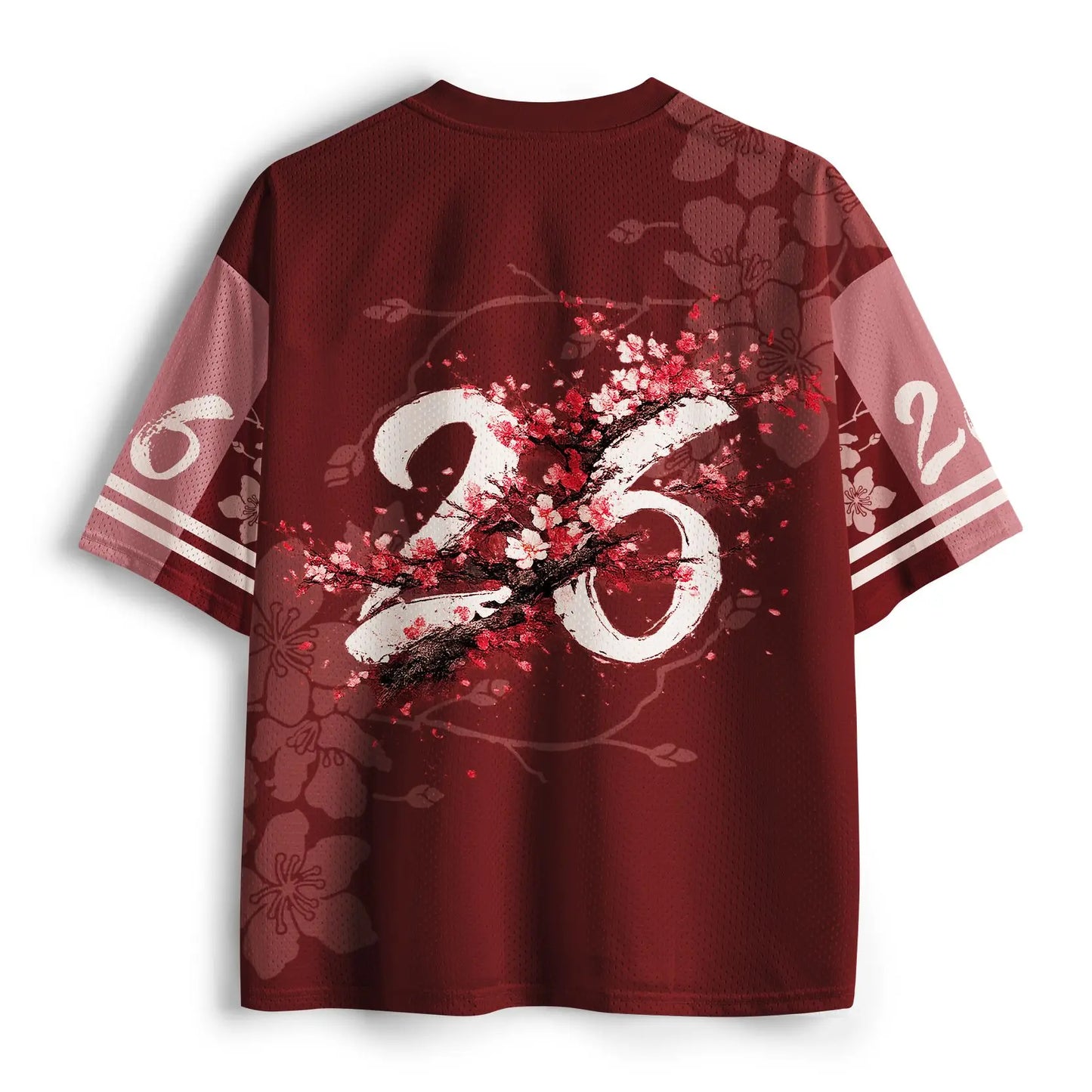 Japanese Style Ink Cherry Blossom Mesh Jersey with Loose V-neck and Short Sleeves, Featuring The Style of "Seven To Eight"