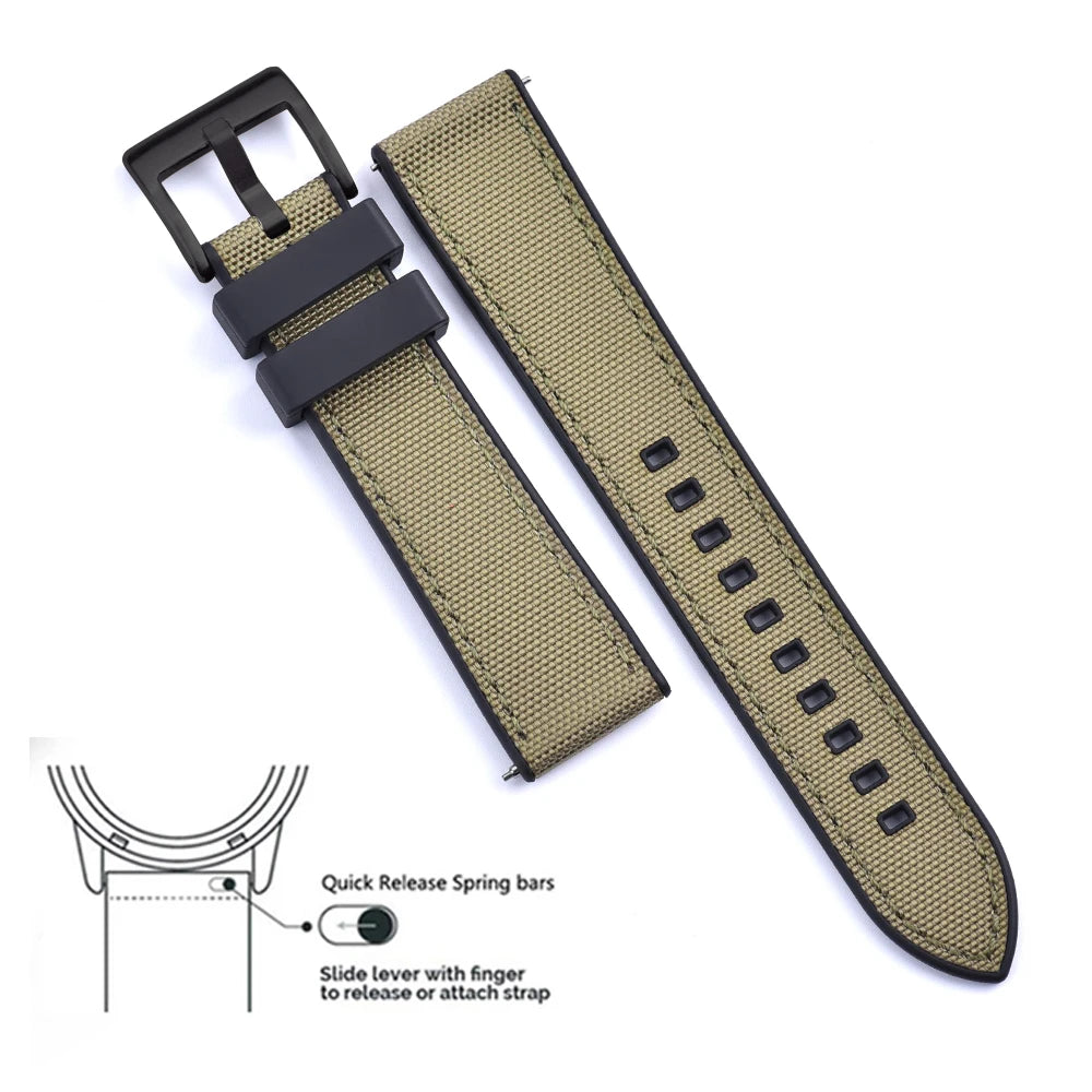 High Quality FKM Canvas Watch Strap 20mm 22mm Hybrid Fluoro Rubber Nylon Watchbands Quick Release For Each Brand Diving Watches