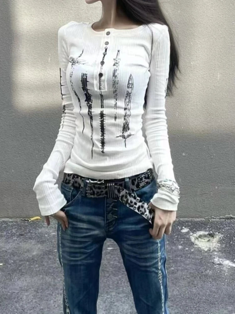 2025 Subculture Aesthetic Autumn Slim Long Sleeve T-Shirts Women New Hot Girl Print Design Tees Female Hepburn Chic Y2k Outfits