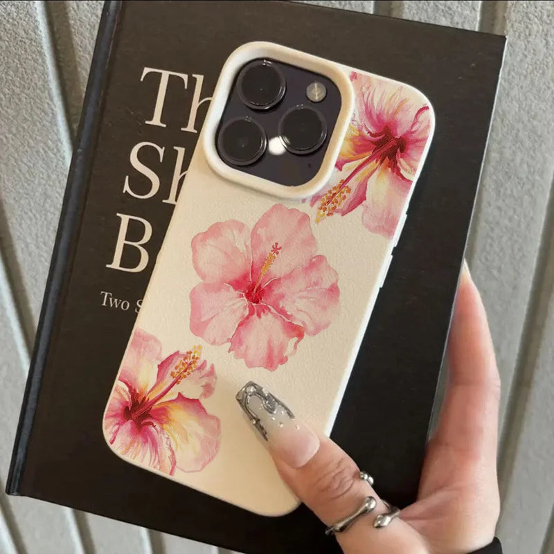 Hibiscus Rosa-Sinensis Imitation Leather Phone Case for iPhone 16 E 15 14 Plus 13 12 11 Pro Max XS Max XR XS X Shockproof Cover