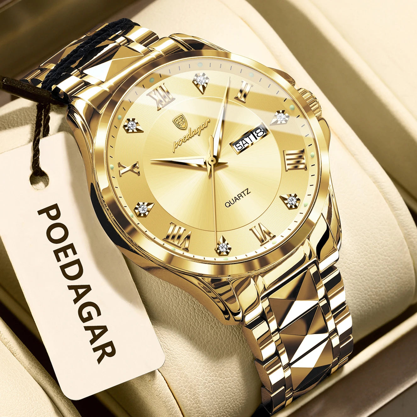 POEDAGAR Luxury Man Wristwatch Waterproof Luminous Date Week Men Clock Stainless Steel Business Men's Watches Quartz Male Reloj