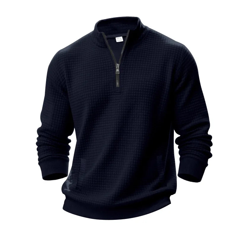2025 Half-Zip Sweatshirt for Men, Autumn and Winter Jacquard Small Check Stand Collar Casual Pullover Fashion Men's Sweatshirt