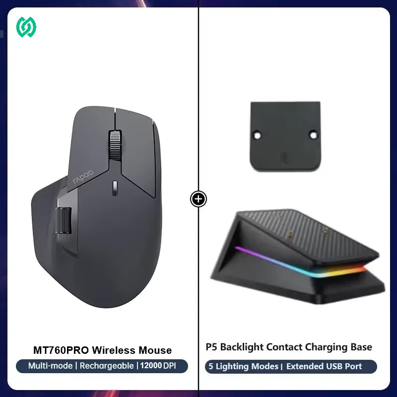 Rapoo MT720PRO Wireless Mouse NearLink + Bluetooth 5.0 Multi-Device 12000 DPI 2K Polling Rate Ergo for Work Gaming Quiet Clicks