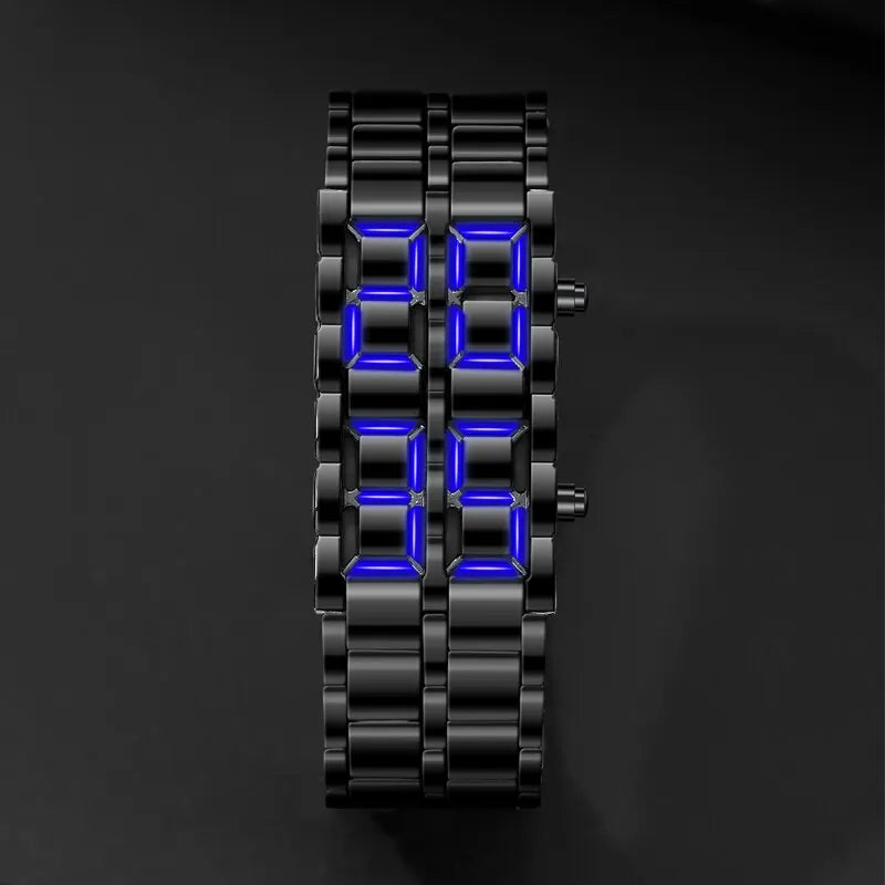 Fashion Black Full Metal Digital Lava Wrist Watch Men Blue LED Display Mens Watches Gifts for Male Boy Sport Creative Clock