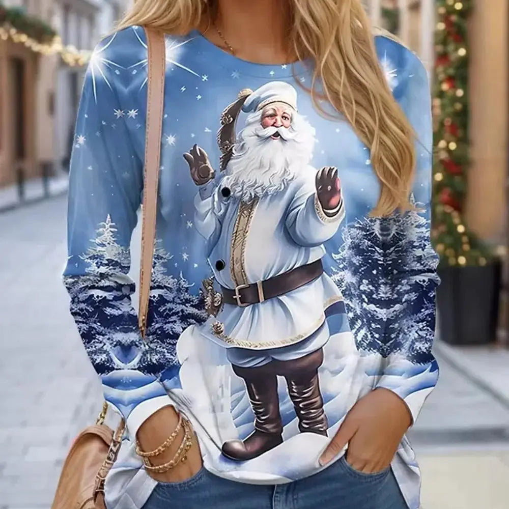 Women Sweatshirt Designer Round Neck Long Sleeve Fashion Casual Santa Claus Red New Year Graphic Print Tops Y2K Streetwear