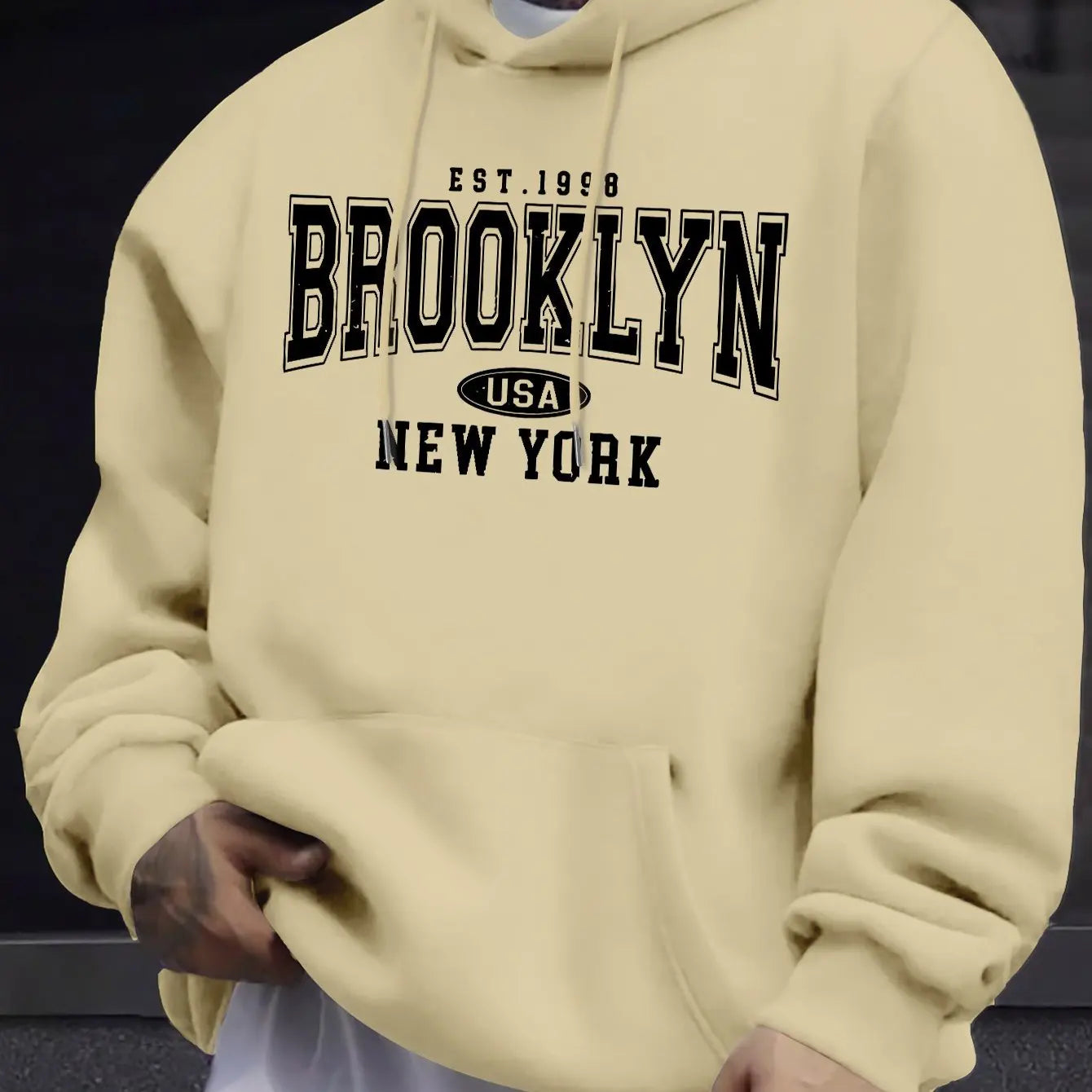 Men's autumn and winter casual fashion loose Brooklyn New York letter printed long sleeved hooded sweatshirt warm pullover