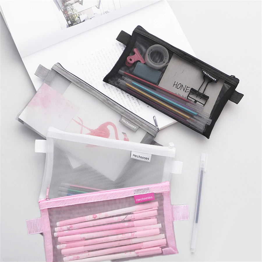 Solid Color Coin Purse Makeup Handbags Stationery Transparent Grid Cosmetic Storage Mesh Pen Bag Zipper Pencil Case