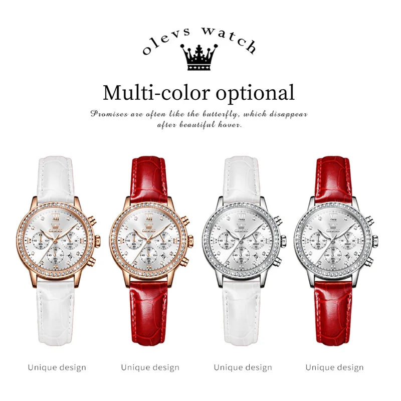 OLEVS Fashion Diamond Watches For Women Luxury Brand Rose Gold Case Ladies Quartz Watch White Leather Strap reloj para mujer