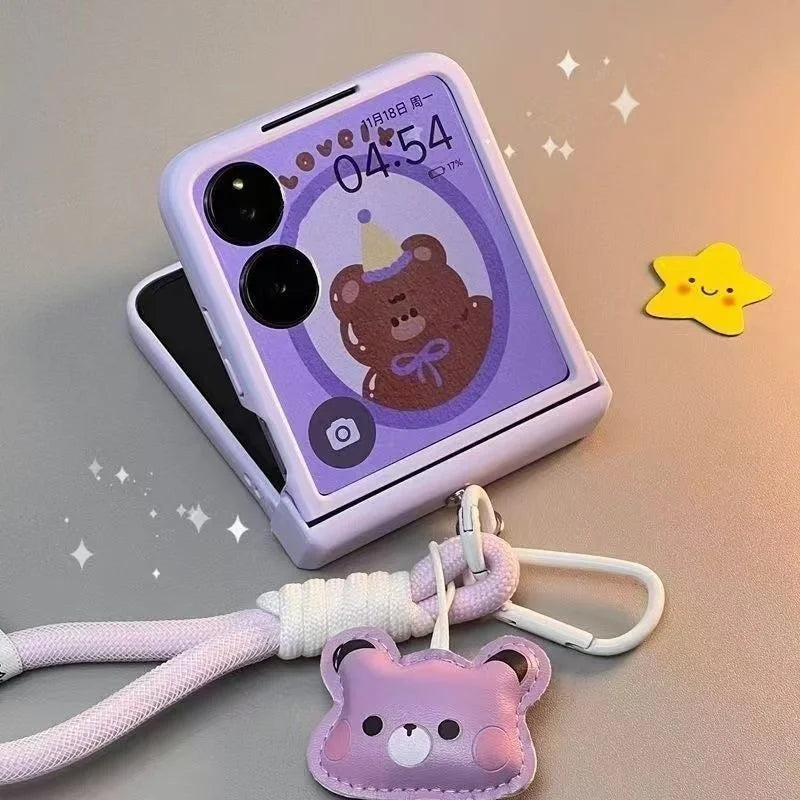 Korean Cute Purple Bear Portable Rope Phone Case For Motorola Razr 70 60 50 40Ultra Razr Plus 2025 2024 23 Hinge Protector Cover