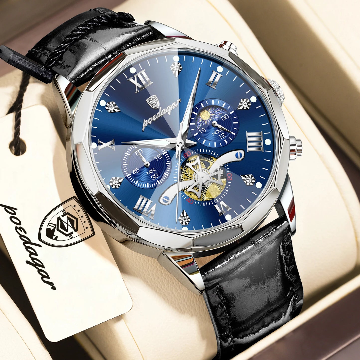 POEDAGAR Luxury Classic Men Clock Waterproof Luminous Chronograph Fashion Man Watch Leather Quartz Casual Business Men's Watches