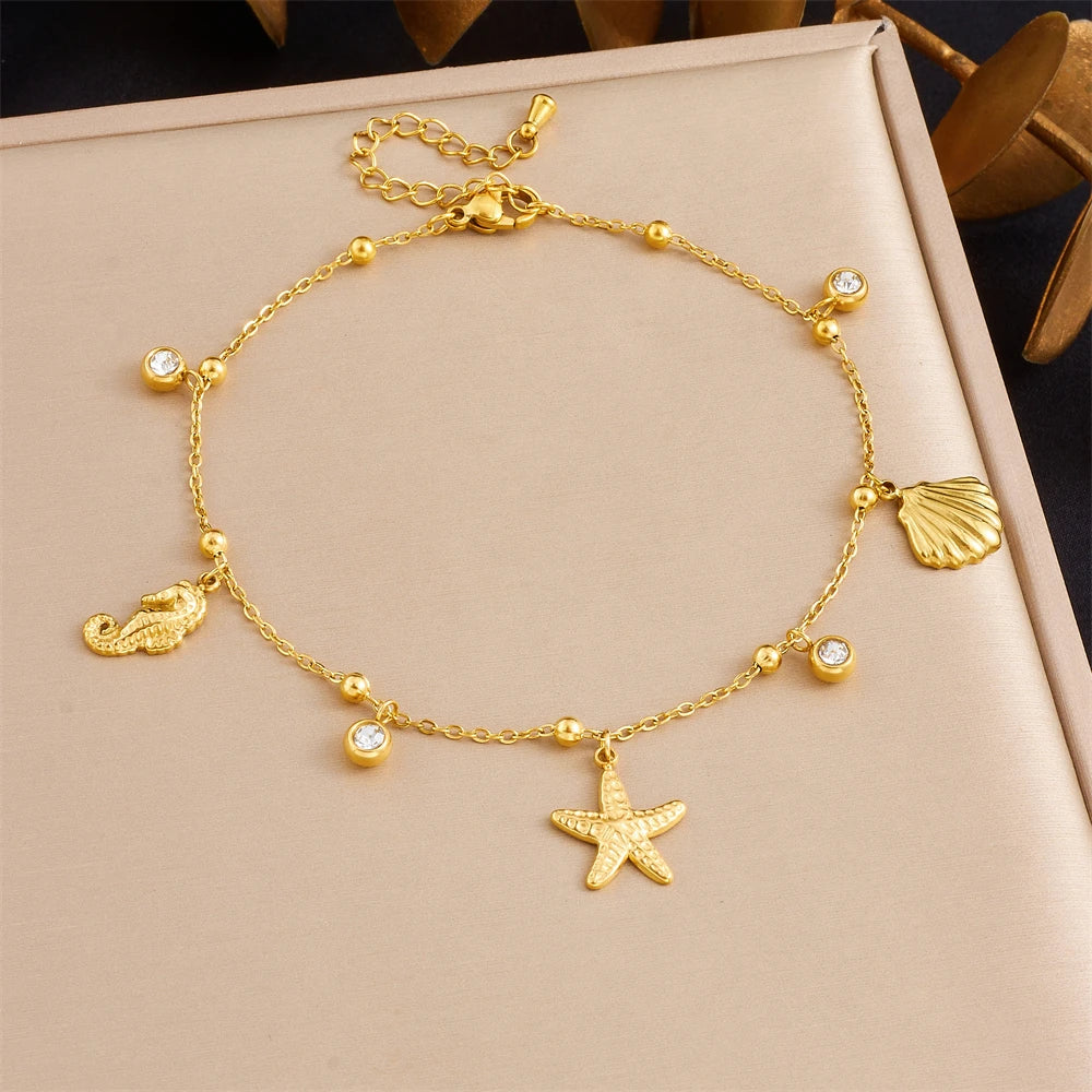 316L Stainless Steel Starfish Shell Charms Anklet For Women Fashion Gold Color Chain Summer Beach Aesthetic Jewelry Accessories
