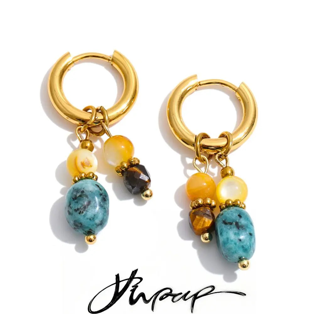 Yhpup Stainless Steel Natural Stone Oval Star Drop Charm Earrings for Women French Handmade Fashion Aesthetic Jewelry Gift
