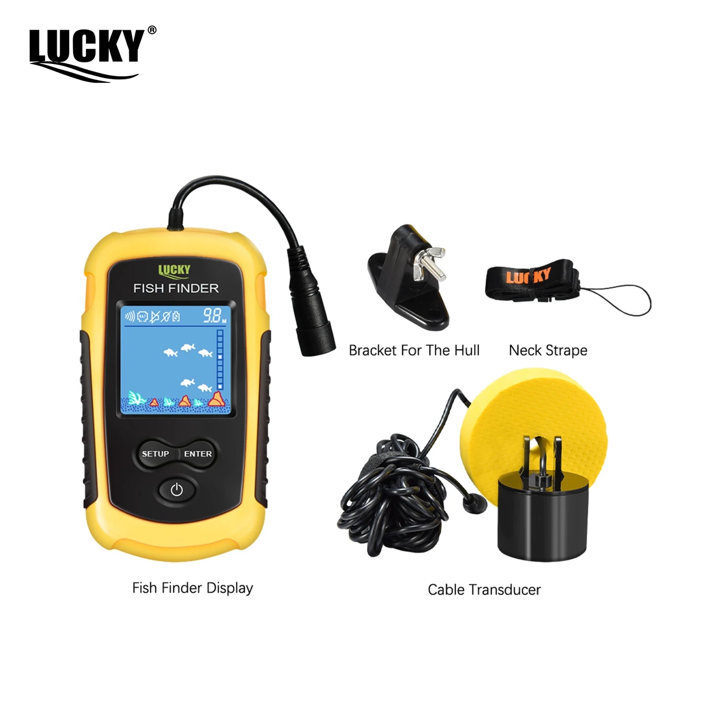 FFC1108-1 Alarm 100M Portable Sonar Fish Finders 45 degrees Sonar Coverage Echo Sounder Alarm Transducer Lake Sea Fishing