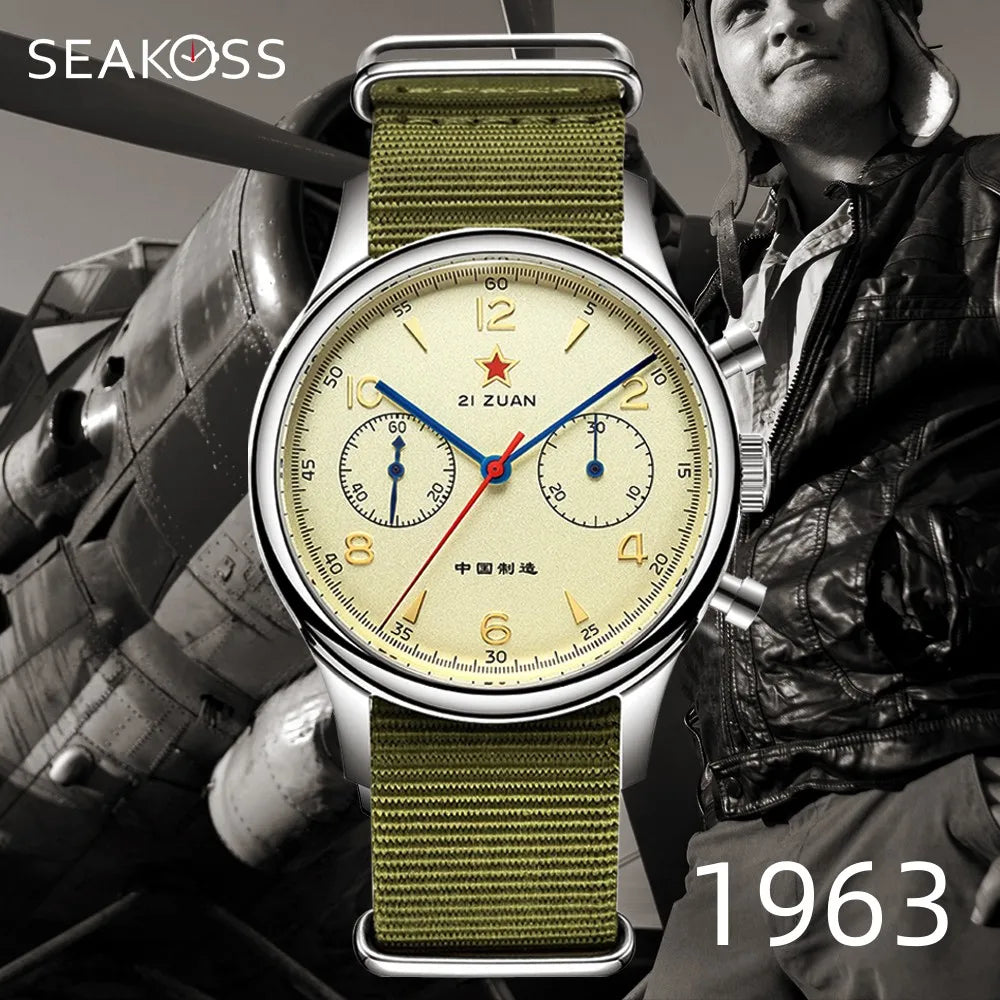 Seakoss Men 1963 Chronograph 38mm 40mm Acrylic Sapphire Glass Luminous Seagull ST1901 Movement Pilot Aviation Mechanical Watches