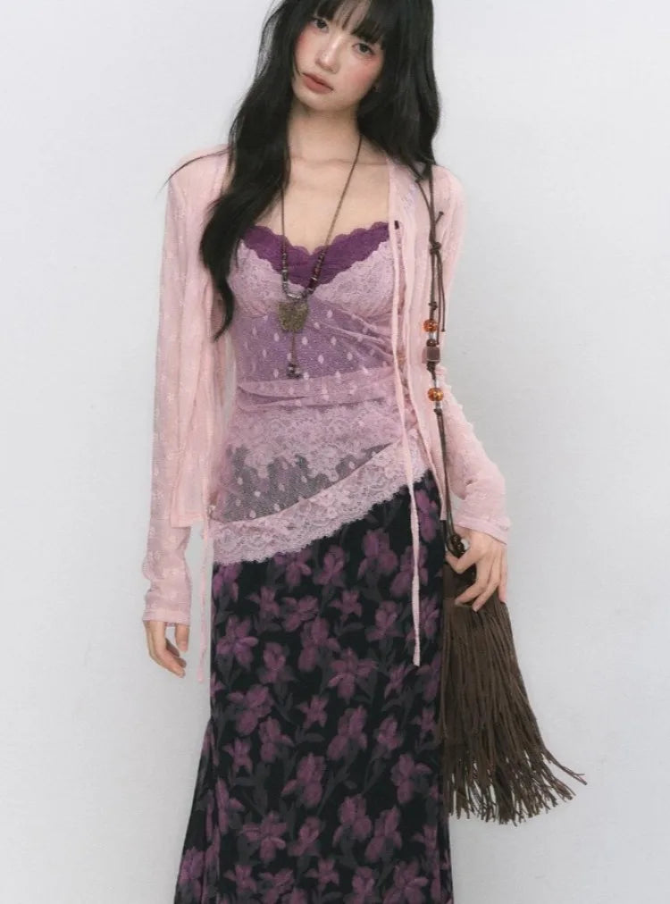 Sweet 3 Piece Sets Women Sun Protection Lace Bandage Cardigan + Patchwork Slim Fit Vest + Vintage Flower Skirts Y2k Outfits