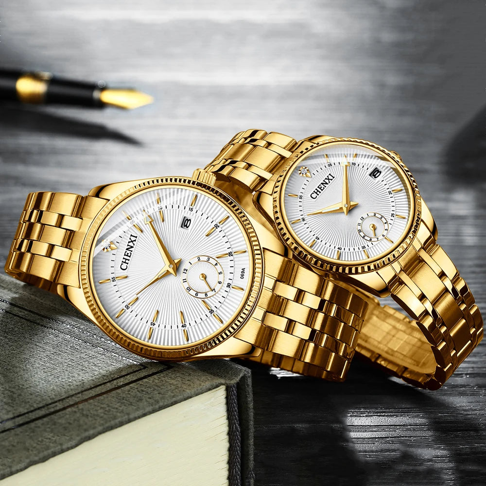 CHENXI Fashion Couple Golden Watches Casual Men and Women Quartz Watch Stainless Steel Luminous Calendar Waterproof Wristwatch
