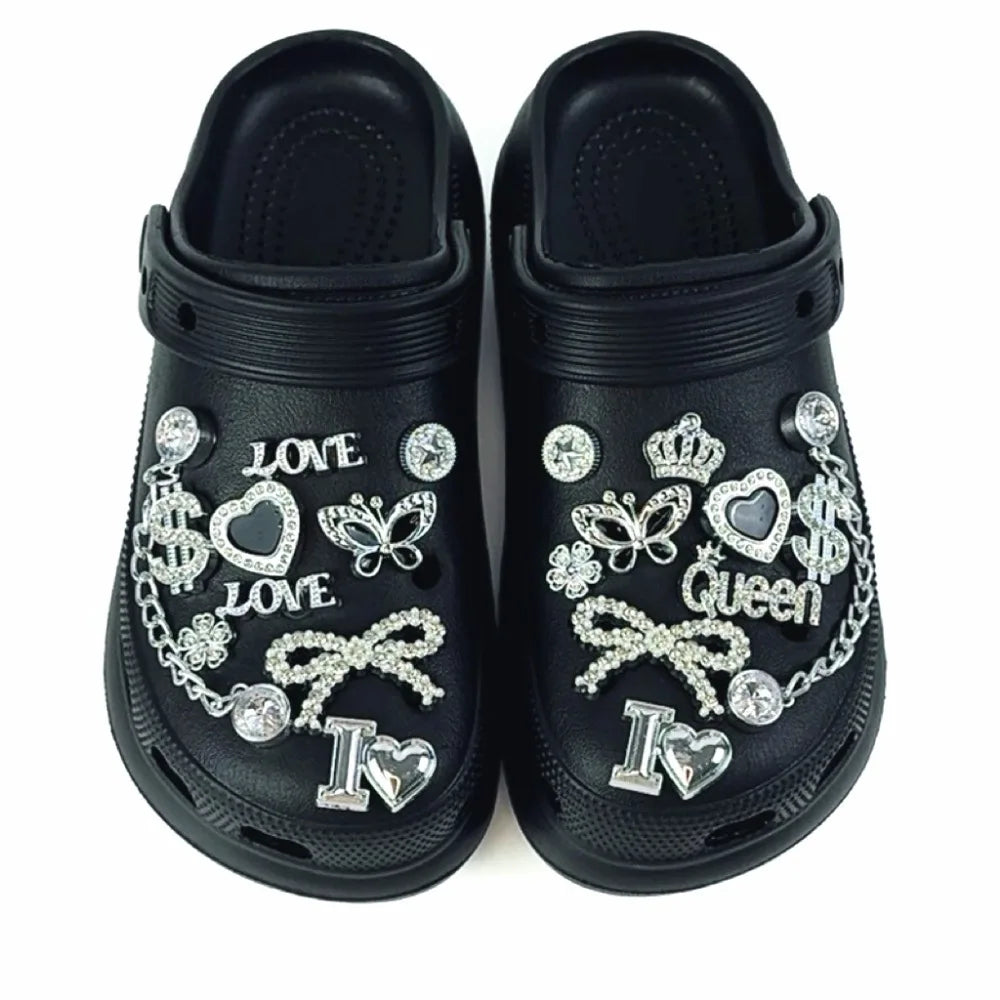 20PCS Shoe Charm Set Silver Crown Letter Butterfly Diamond Chain Shoe Decorations  Buckle for Sandals Clogs DIY Accessories Gift