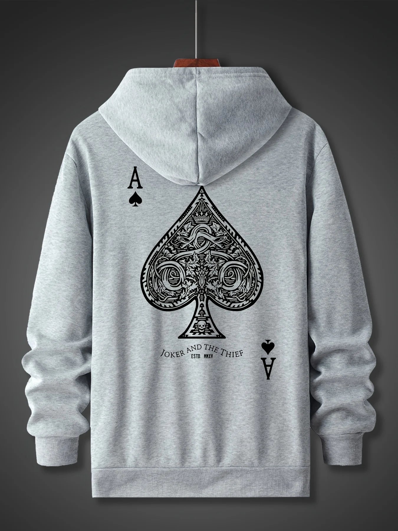 Men's autumn and winter casual fashion loose back poker card A graphic printed long sleeved hooded sweatshirt warm pullover