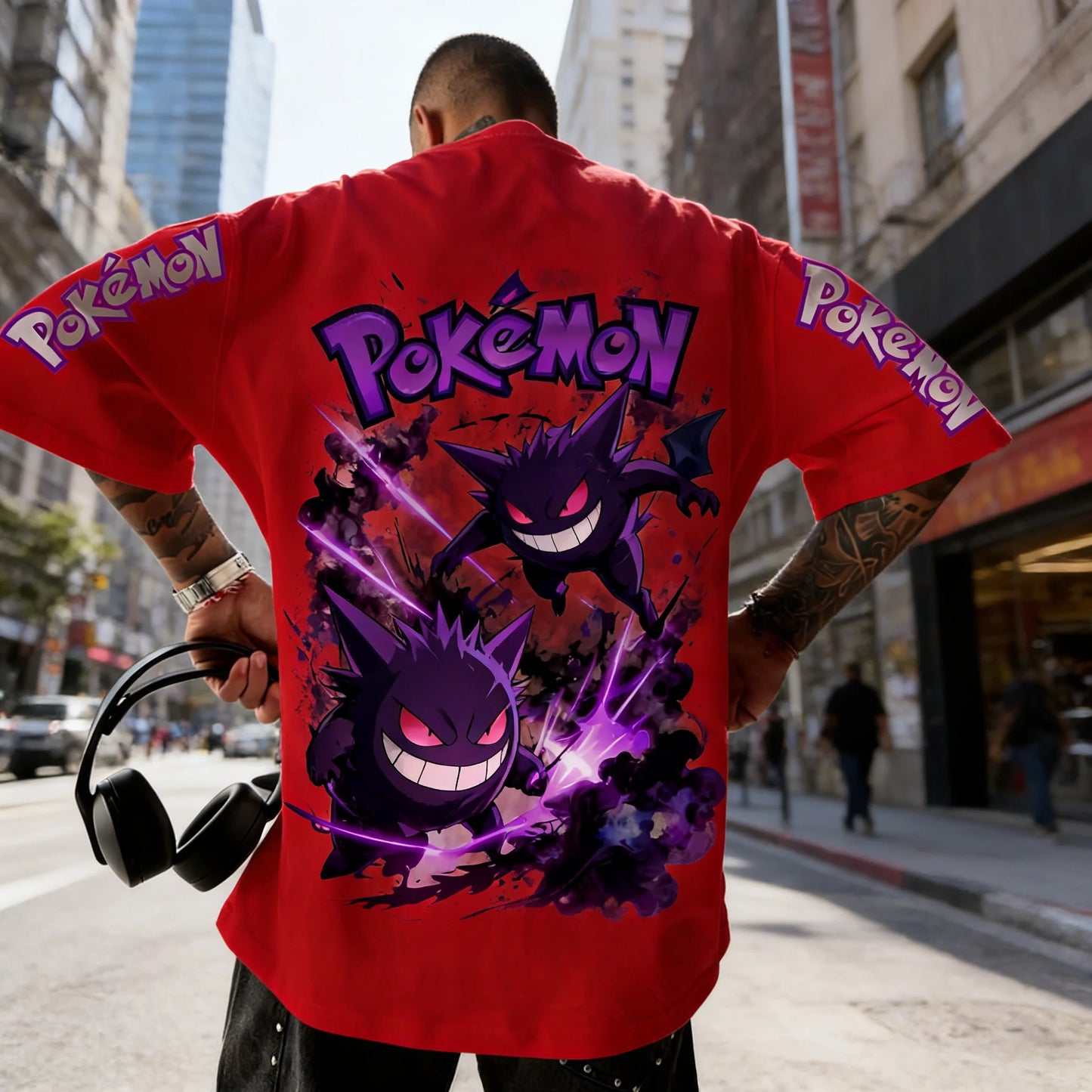Men's T Shirt Sports T Shirt Short Sleeve T Shirt Purple Gengar Back Print Red Eyes Sharp Teeth with Smoke Sleeve Patterns