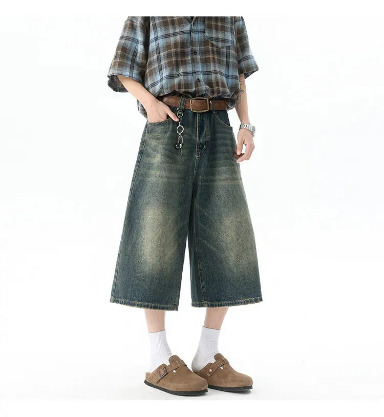 Multi-pockets Cargo Pants Summer Short Jeans Breeches Hip Hop Streetwear Baggy Denim Shorts Casual Wide-leg Capris Pants 5XL-M