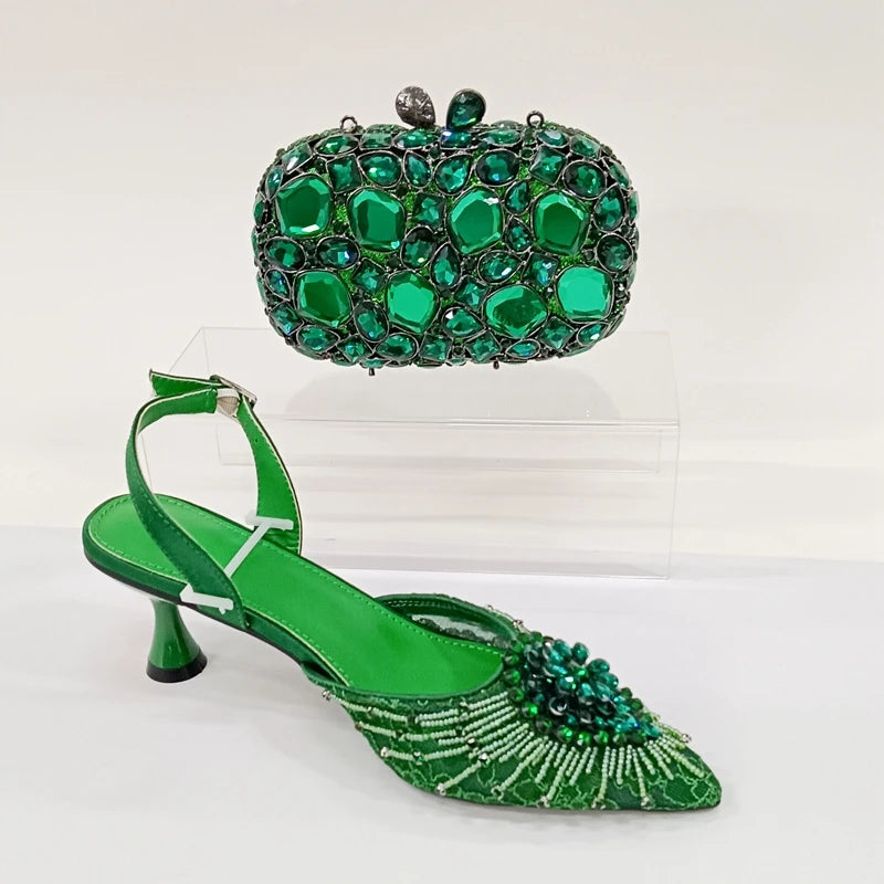 INSIGHTLINK Women Olive Green Pointed-Toe Sandals Women's High Heels Shoes and Bags for Party Rhinestone Evening Bags And Shoes