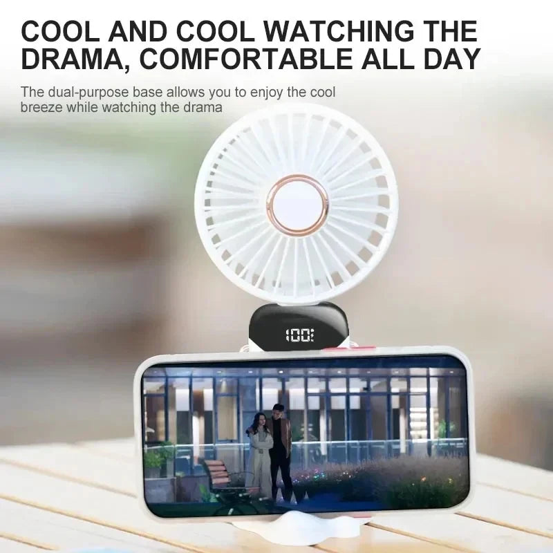Portable Handheld Fan with Digital Display, 5-Speed USB Rechargeable Mini Fan, Ultra Quiet Personal Fan with Lanyard & Bas