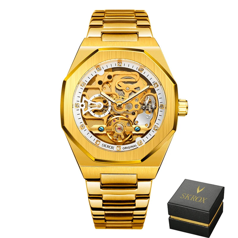 2024SKROX Luxury Gold Diamond Octagonal Automatic Clock Man Watch Elegant Stainless Steel Skeleton Mechanical Male Wrist Watches