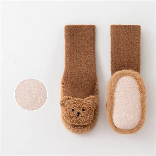 Autumn Winter Infant Leather Sole Shoes Mink Velvet Thicken Warm Newborn Baby Walking Socks Shoe Cartoon Bear Kids Floor Socken