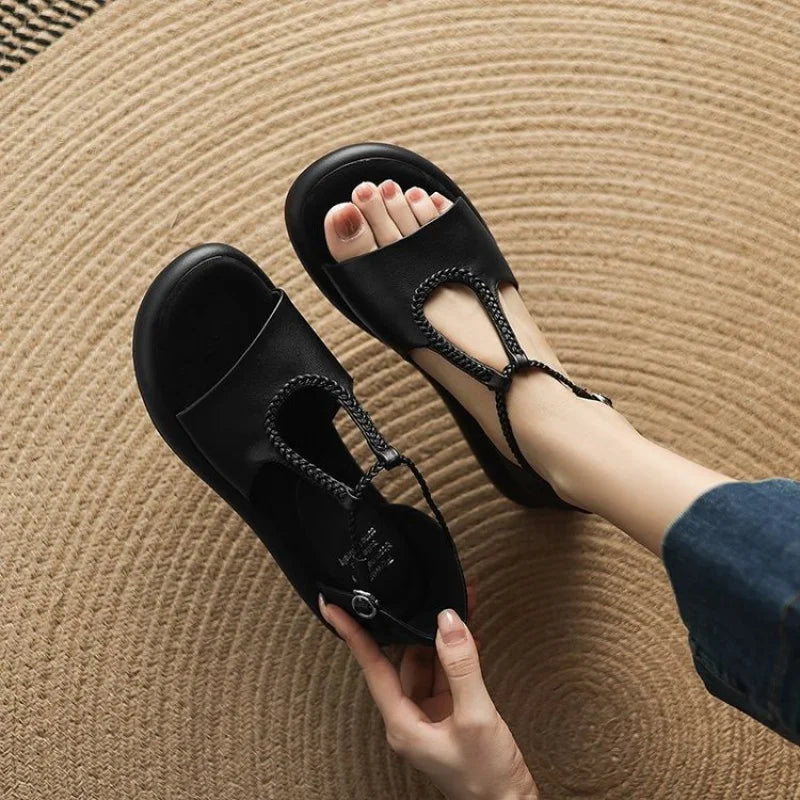 Women's Walking Sneakers,Breathable Lightweight T-Strap Flat Sandals, Comfortable Soft Leather Shoes for Square Dance&Daily Wear