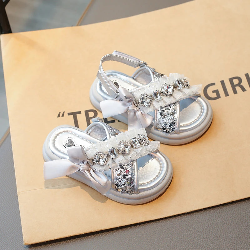 Kids'Casual Shoes Fashion Sandals PU Leather Crystal Sequin Summer Shoes For Girls Breathable Silver Shoes Size 26-37