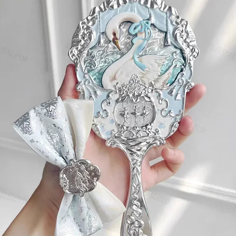 FLOWER KNOWS Swan Ballet Series Crystal Mirror Exquisite Textured Hand Mirror Blue Pink Ladies Makeup Tools