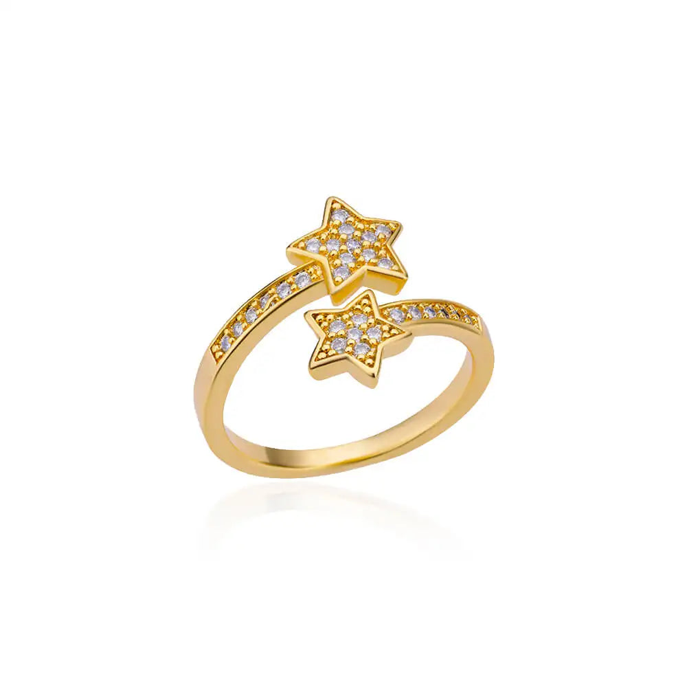 Zircon Double Star Rings For Women Gold Color Stainless Steel Opening Stars Finger Ring Wedding Party Aesthetic Jewelry Gift