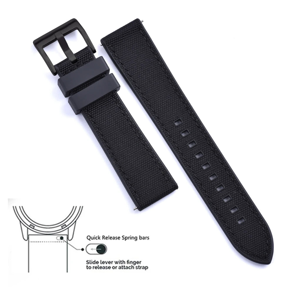 High Quality FKM Canvas Watch Strap 20mm 22mm Hybrid Fluoro Rubber Nylon Watchbands Quick Release For Each Brand Diving Watches