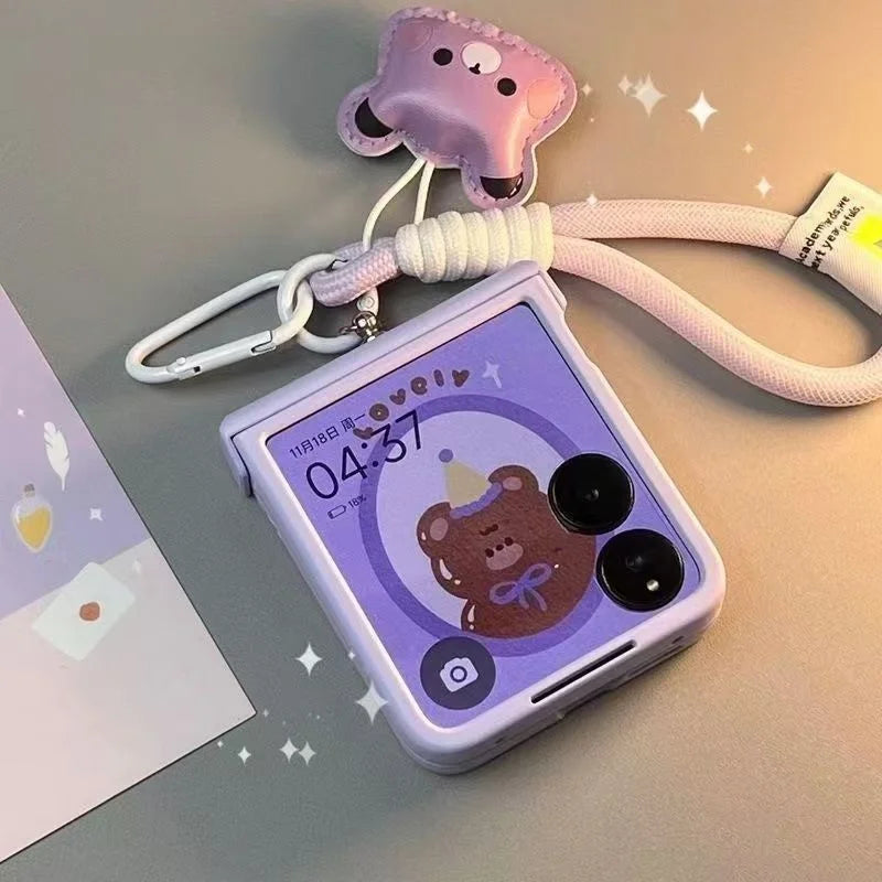 Korean Cute Purple Bear Portable Rope Phone Case For Motorola Razr 70 60 50 40Ultra Razr Plus 2025 2024 23 Hinge Protector Cover
