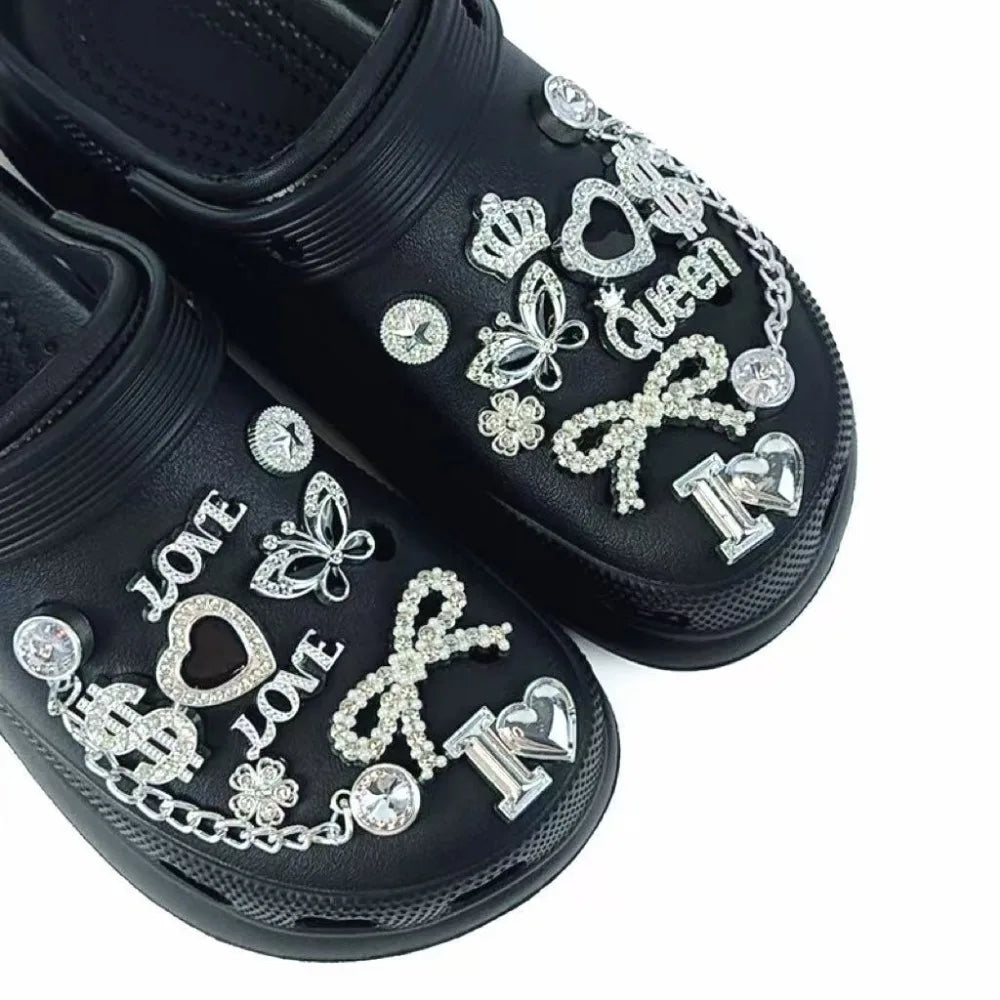 20PCS Shoe Charm Set Silver Crown Letter Butterfly Diamond Chain Shoe Decorations  Buckle for Sandals Clogs DIY Accessories Gift
