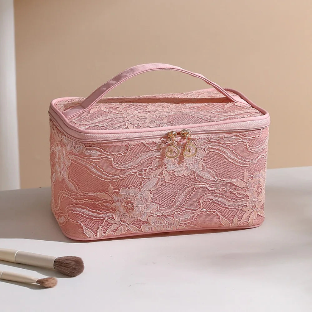 Makeup Bag Elegant Portable Makeup Bag Lace Floral Pattern Cosmetic Storage Bag Large Capacity with Handle Handbag for Women