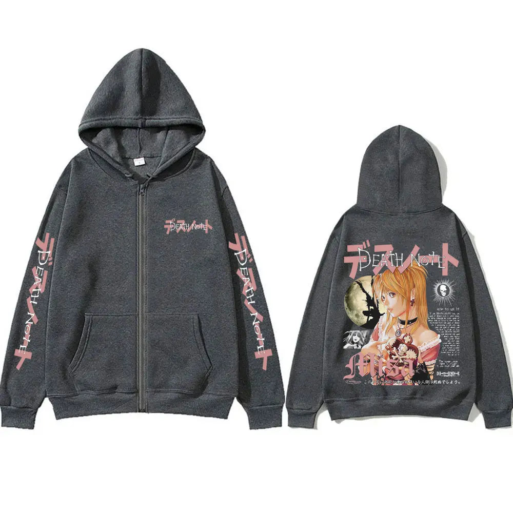 Japanese Anime Death Note Misa Zipper Hoodie Men Women Casual Oversized Cotton Zip Up Jacket Unisex Vintage Zip Up Sweatshirt