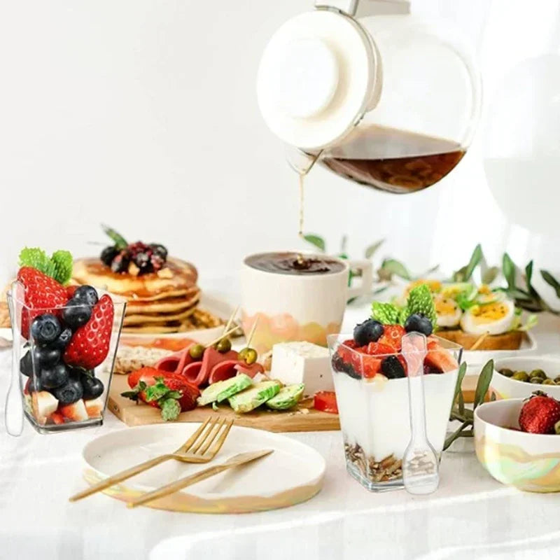Mini Square Plastic Dessert Cups 40oz 20oz Clear Reusable Party Tableware for Mousse Pudding Yogurt Catering Events