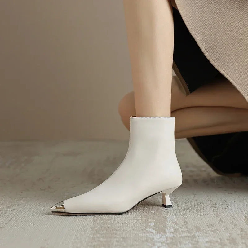 NEW Autumn Women Boots Modern Boots Women Shoes Pointed Toe Thin Heel Retro Ankle Boots High Heels Winter Ladies Shoes White