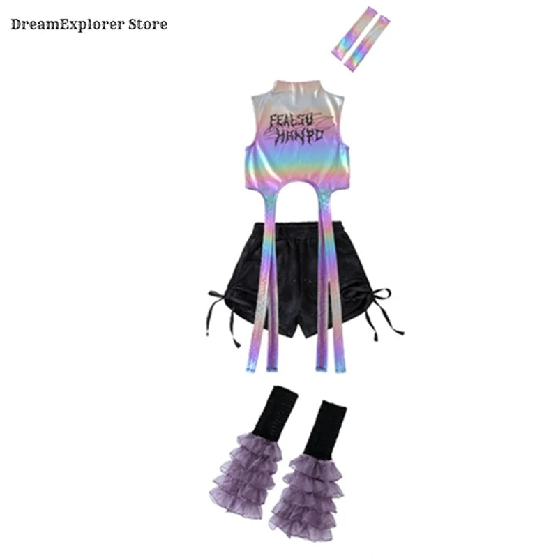 Girls Hip Hop Shiny Crop Top Silver Cargo Pants Kids K-pop Jazz Stree Dance Clothes Sets Children Streetwear Girl Group Costume