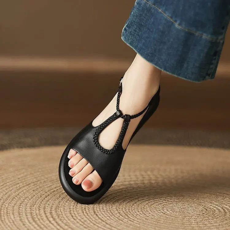 Women's Walking Sneakers,Breathable Lightweight T-Strap Flat Sandals, Comfortable Soft Leather Shoes for Square Dance&Daily Wear