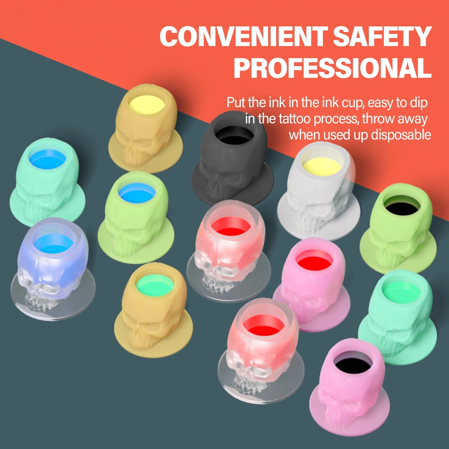200Pcs Disposable Tattoo Silicone Skull Ink Cup Permanent Makeup Pigment Holder Container Cap Tattoo Ink Accessories for Artist