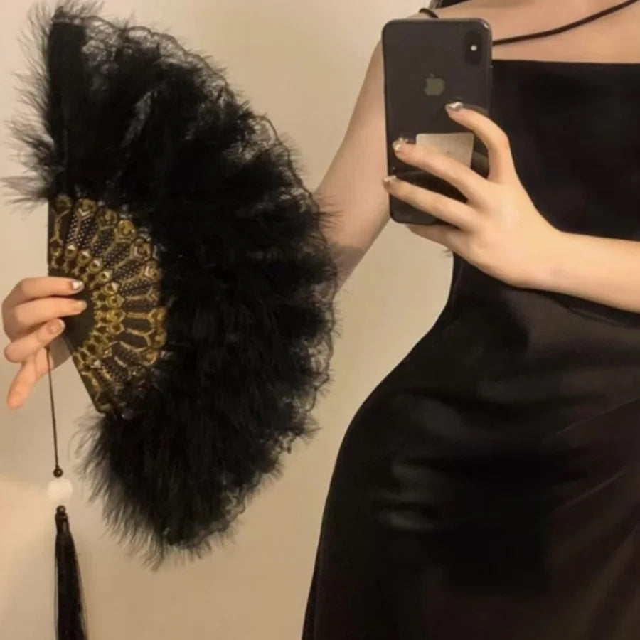 Black feather fan, 1920s hand fan, lace retro feather fan, lace feather fan, 1920s women's clothing, dance performance, wedding