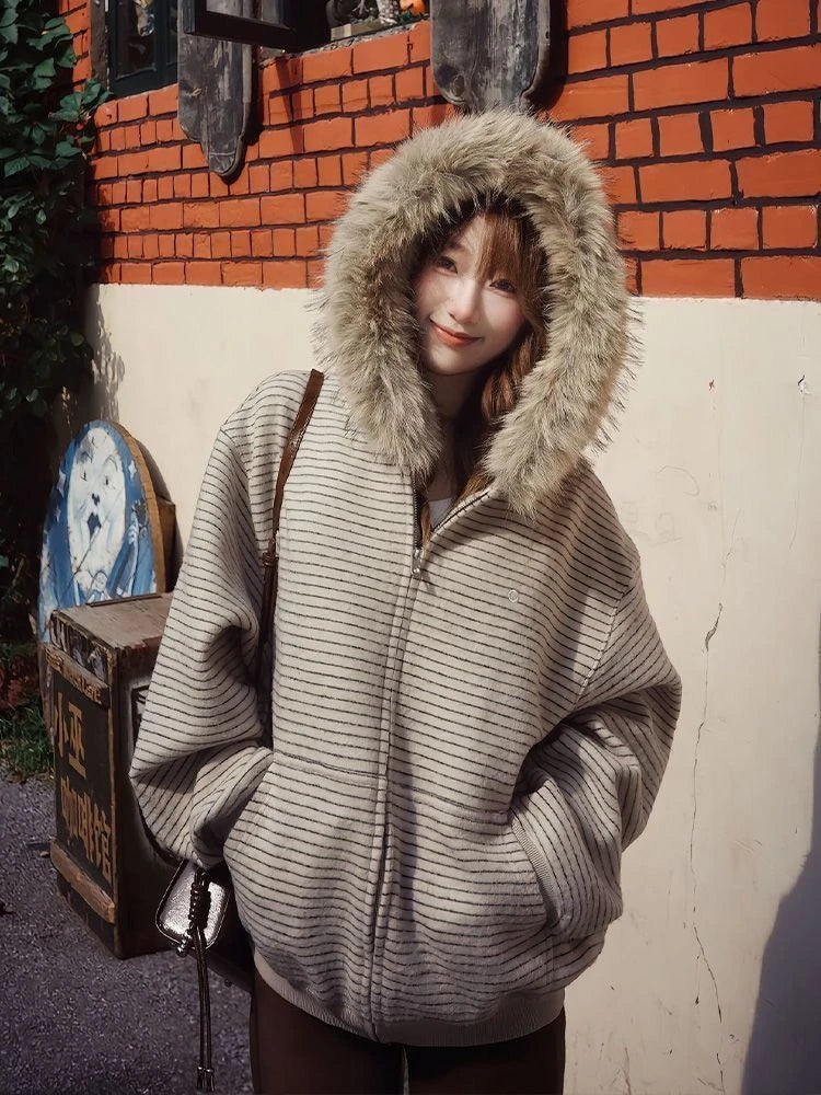 American Vintage Long Sleeve Hoodie Women Harajuku Casual Striped Sweatshirt Zipper Streetwear Faux Fur Sweet 2025 Autumn